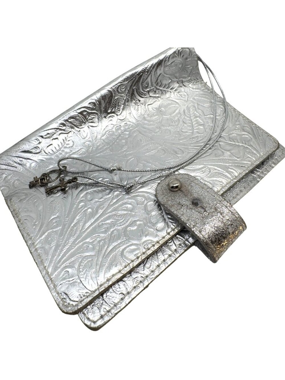 Embossed 6.5 X 4.5" Silver Suede Leather Planner Cover Post Fastener Key Charm